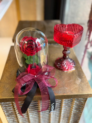 Trandafir rosu criogenat in cupola de sticla cu pahar decorativ rosu - set cadou de lux
